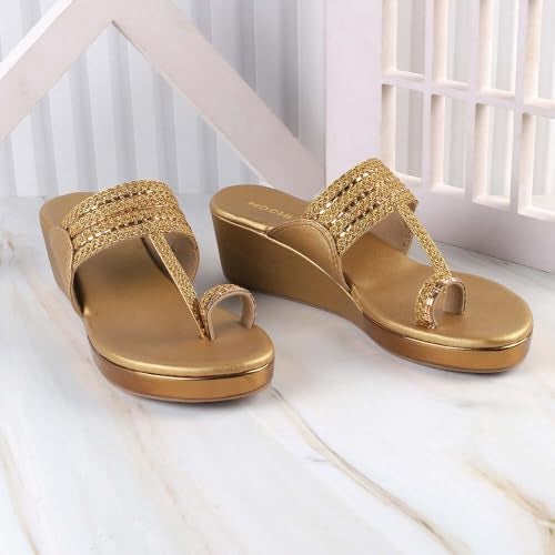 Mochi Women's Antique Gold Synthetic Sandals | Slip-On Platform Heel Sandals for Women | Light Weight Embroidered Party Footwear | Round Toe Fashion Sandals | Size UK 5 | Premium Quality Sandals - Image 2