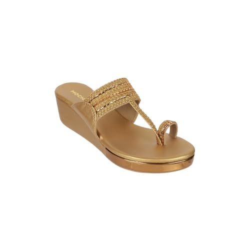 Mochi Women's Antique Gold Synthetic Sandals | Slip-On Platform Heel Sandals for Women | Light Weight Embroidered Party Footwear | Round Toe Fashion Sandals | Size UK 5 | Premium Quality Sandals - Image 3