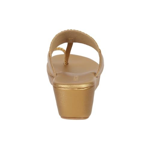 Mochi Women's Antique Gold Synthetic Sandals | Slip-On Platform Heel Sandals for Women | Light Weight Embroidered Party Footwear | Round Toe Fashion Sandals | Size UK 5 | Premium Quality Sandals - Image 5