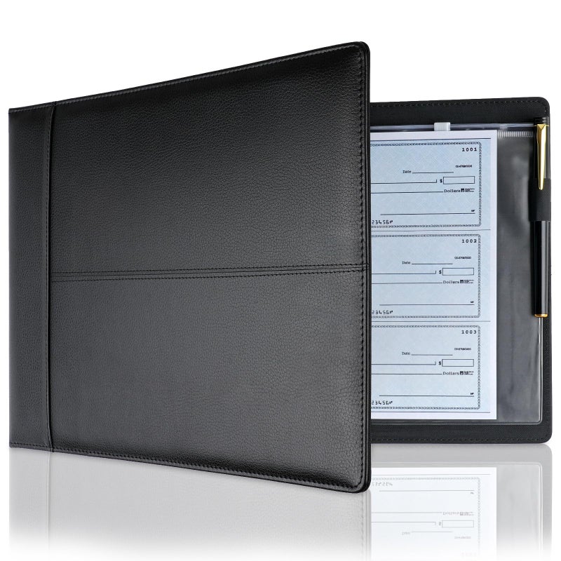 MOWPOG Professional 7 Ring Business Checkbook Binder, Premium PU Leather Organizer for 3-On-A-Page Checks, Perfect for Business and Personal Finances, Fits 9x13 Inch Sheets, 600 Check Capacity - Image 1