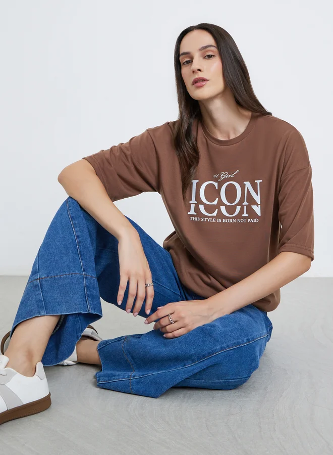 ستايلي Styli Women Brown Slogan Print Oversized T-Shirt