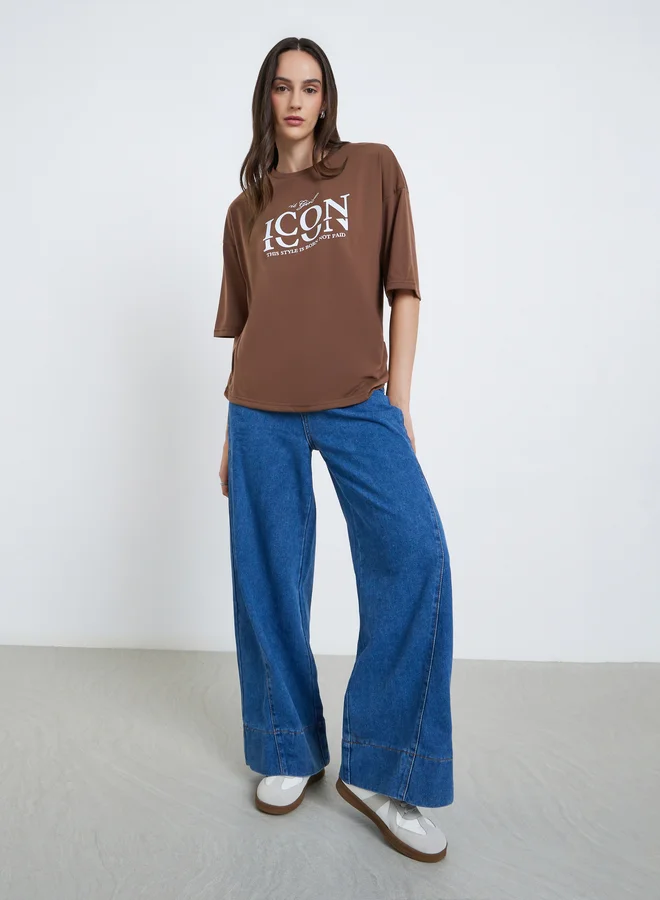 ستايلي Styli Women Brown Slogan Print Oversized T-Shirt