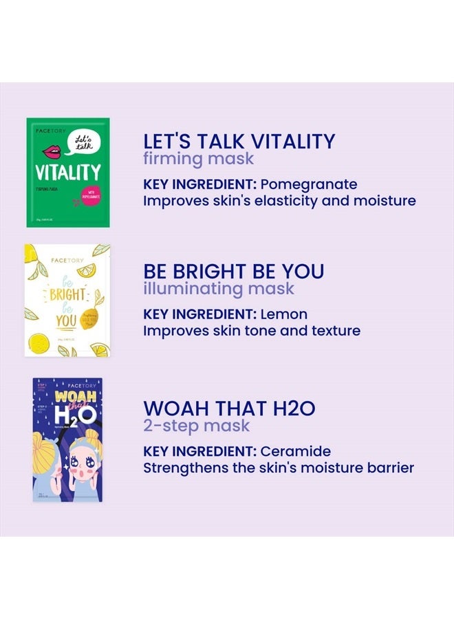 FACETORY قناع الوجه للعناية بالبشرة من K Beauty - مجموعة أفضل 7 أقنعة ورقية | قناع وجه كوري طبيعي متميز لجميع أنواع البشرة - بدون كبريتات وبدون بارابين (7 قطعة) - Image 5