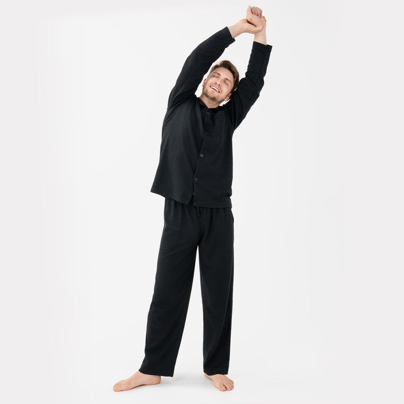 DAVID ARCHY Mens Waffle Pajamas Set Warm Pajmas for Men Notched Collar Winter Sleepwear with Roomy Pockets (M, Black) - Image 2