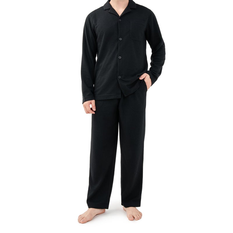 DAVID ARCHY Mens Waffle Pajamas Set Warm Pajmas for Men Notched Collar Winter Sleepwear with Roomy Pockets (M, Black) - Image 1