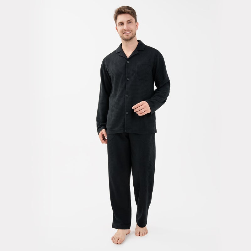 DAVID ARCHY Mens Waffle Pajamas Set Warm Pajmas for Men Notched Collar Winter Sleepwear with Roomy Pockets (M, Black) - Image 5