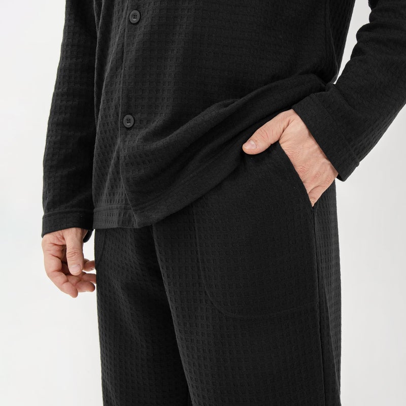 DAVID ARCHY Mens Waffle Pajamas Set Warm Pajmas for Men Notched Collar Winter Sleepwear with Roomy Pockets (M, Black) - Image 3