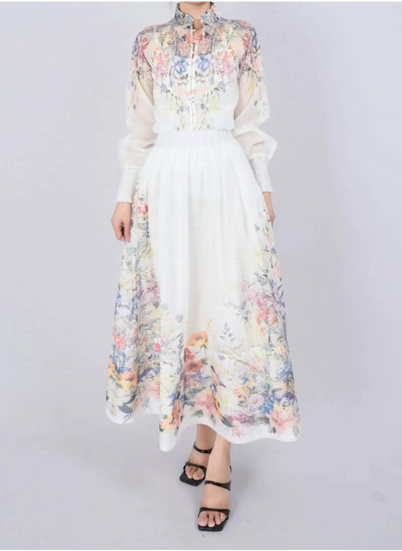 Madam Uniq Elegant Floral Shirt and High-Waisted Skirt Two-Piece Set