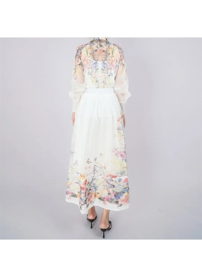 Madam Uniq Elegant Floral Shirt and High-Waisted Skirt Two-Piece Set