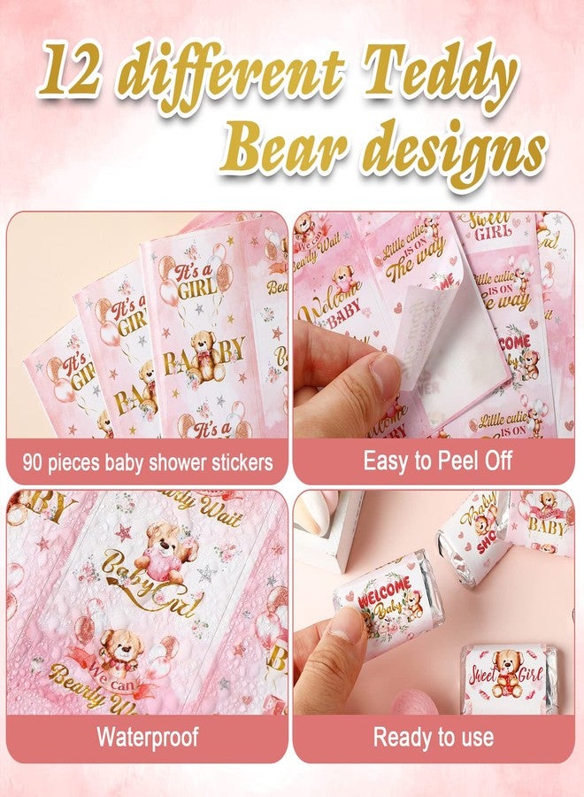 Clabby 90 Pcs Pink Bear Baby Shower Candy Wrappers,Chocolate Bar Wrappers Mini Sweets Bar Miniatures Label Stickers for Baby Shower Decor Birthday Ceremony - Image 3
