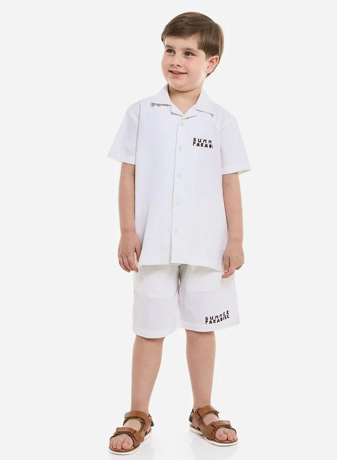Victor And Jane Off White Graphic Back Print Cotton Shirt and Shorts Set