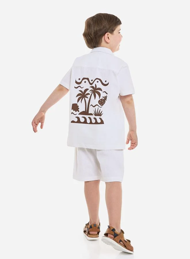 Victor And Jane Off White Graphic Back Print Cotton Shirt and Shorts Set