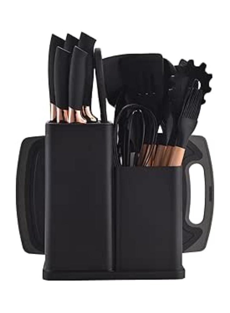 Executive LLC Premium Black Silicone Cooking Utensils, Non-stick Kitchen Utensil Set, Wooden Handle Non Toxic BPA FreeKitchen Utensil Set 19 Piece  Cooking Tools Kit Includes Knives, Spatulas, Spoons, Ladles for Professional Chefs or Home Cooks - Image 1