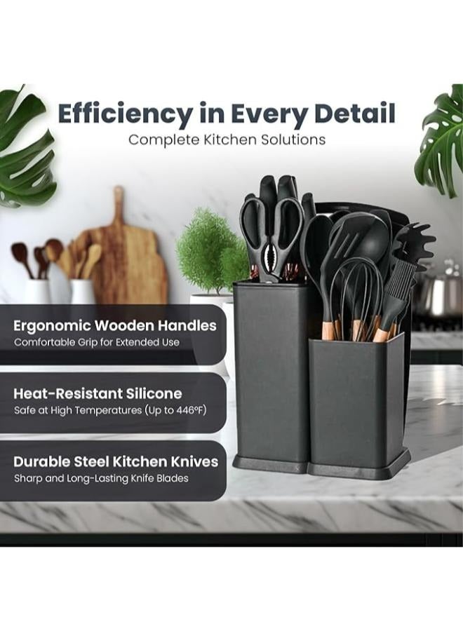Executive LLC Premium Black Silicone Cooking Utensils, Non-stick Kitchen Utensil Set, Wooden Handle Non Toxic BPA FreeKitchen Utensil Set 19 Piece  Cooking Tools Kit Includes Knives, Spatulas, Spoons, Ladles for Professional Chefs or Home Cooks - Image 2