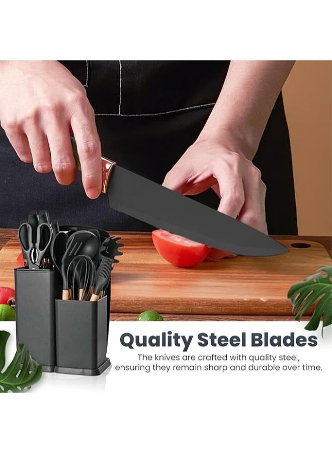 Executive LLC Premium Black Silicone Cooking Utensils, Non-stick Kitchen Utensil Set, Wooden Handle Non Toxic BPA FreeKitchen Utensil Set 19 Piece  Cooking Tools Kit Includes Knives, Spatulas, Spoons, Ladles for Professional Chefs or Home Cooks - Image 4