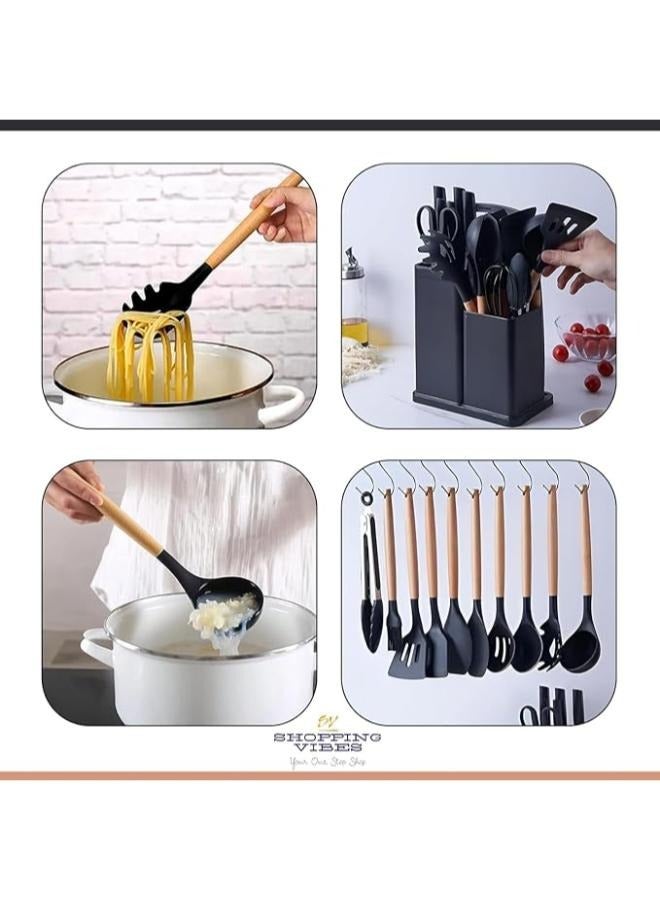 Executive LLC Premium Black Silicone Cooking Utensils, Non-stick Kitchen Utensil Set, Wooden Handle Non Toxic BPA FreeKitchen Utensil Set 19 Piece  Cooking Tools Kit Includes Knives, Spatulas, Spoons, Ladles for Professional Chefs or Home Cooks - Image 5