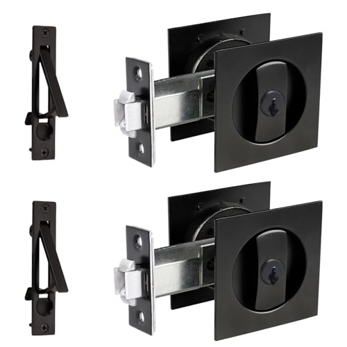 Dontay 2 Pack Pocket Door Lock with Key, Contemporary Entrance Sliding Barn Door Lock Latch, Recessed 2 Sided, 2 3/8" Backset, Flush Handles Hardware (Including Edge Pull, Matte Black, Square) - Image 1