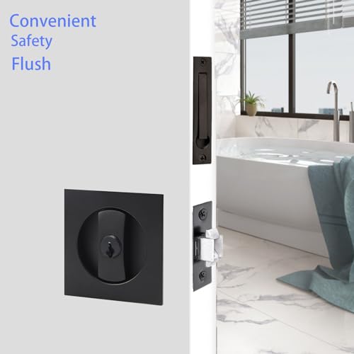 Dontay 2 Pack Pocket Door Lock with Key, Contemporary Entrance Sliding Barn Door Lock Latch, Recessed 2 Sided, 2 3/8" Backset, Flush Handles Hardware (Including Edge Pull, Matte Black, Square) - Image 4