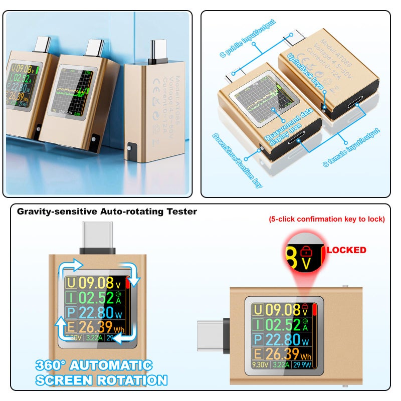 Eversame USB C Power Meter Testers, Eversame PD3.1 Digital Multimeter, USB C Voltage Current Voltmeter Amp Volt Ammeter Detector USB C Cable Charger Indicator DC4.5-50V/0-12Aï¼ŒPD2.0/PD3.0/PPS/QC2.0/QC3.0/FCP - Image 5