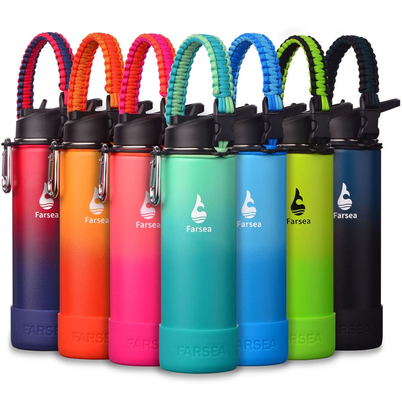 Farsea Insulated Water Bottle With Paracord Handle Protective Silicone Boot and 2 Lids Straw Lid  Spout Lid Stainless Steel Water Bottle Wide Mouth Double Wall SweatProof BPAFree 24 oz