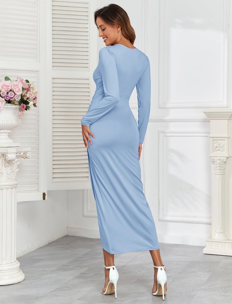 AISWI 2025 Spring Women's Maternity Wrap Nursing Dress V Neck Long Sleeve Semi Formal Pregnancy Maxi Dresses, Light Blue, Medium - Image 3