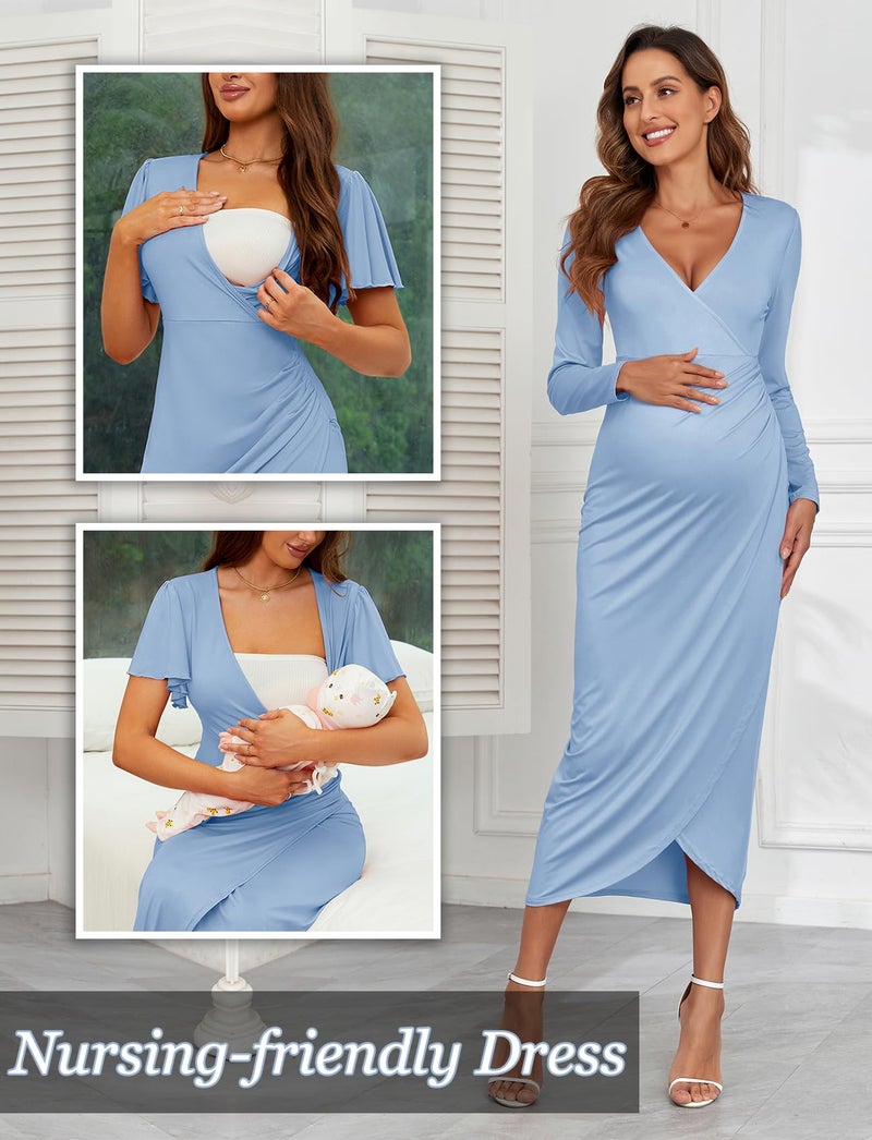 AISWI 2025 Spring Women's Maternity Wrap Nursing Dress V Neck Long Sleeve Semi Formal Pregnancy Maxi Dresses, Light Blue, Medium - Image 4