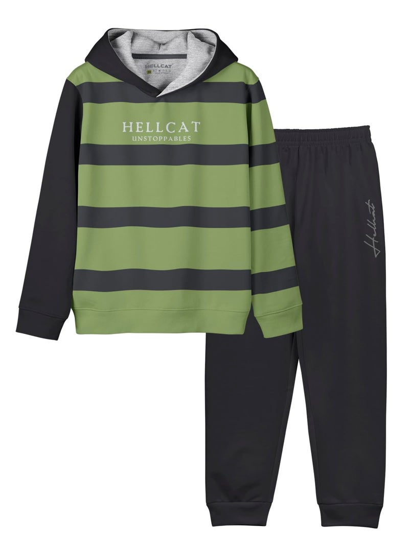 HELLCAT Trendy Printed Cotton Blend Hoodie T-Shirt Jogger Trackpant Clothing Set for Boys - Pack of 1 / Green / 7-8 Years - Image 1