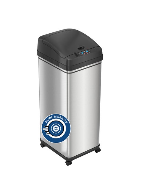 iTouchless Glide 13 Gallon Sensor Garbage Can with Wheels and Odor Control System Stainless Steel Automatic Kitchen Bin and Office Trash Bin Powered by Battery or Optional AC Adapter