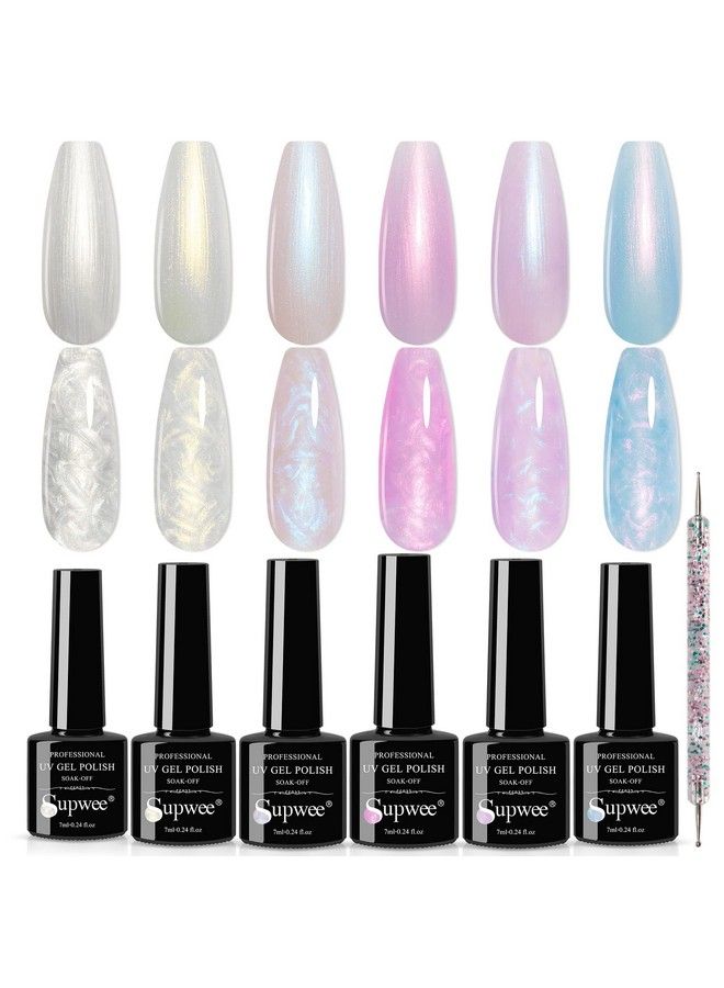 SUPWEE طلاء أظافر جل لؤلؤي لامع جيل مريمي أبيض وردي أرجواني أزرق طلاء أظافر لامع جل لؤلؤي تأثير دوامة قشرة خيط قابل للإزالة UV LED جل لصالون المنزل DIY مانيكير 6 ألوان - Image 2