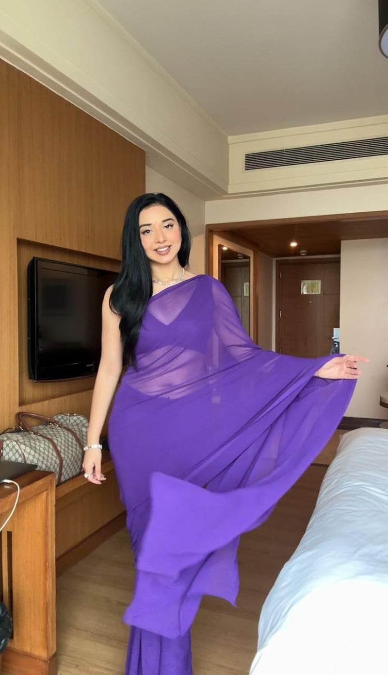Sidhidata ساري جاهز للارتداء من جورجيت سيدي داتا للنساء بلون بنفسجي مع قطعة بلوزة غير مخيطة - Image 3