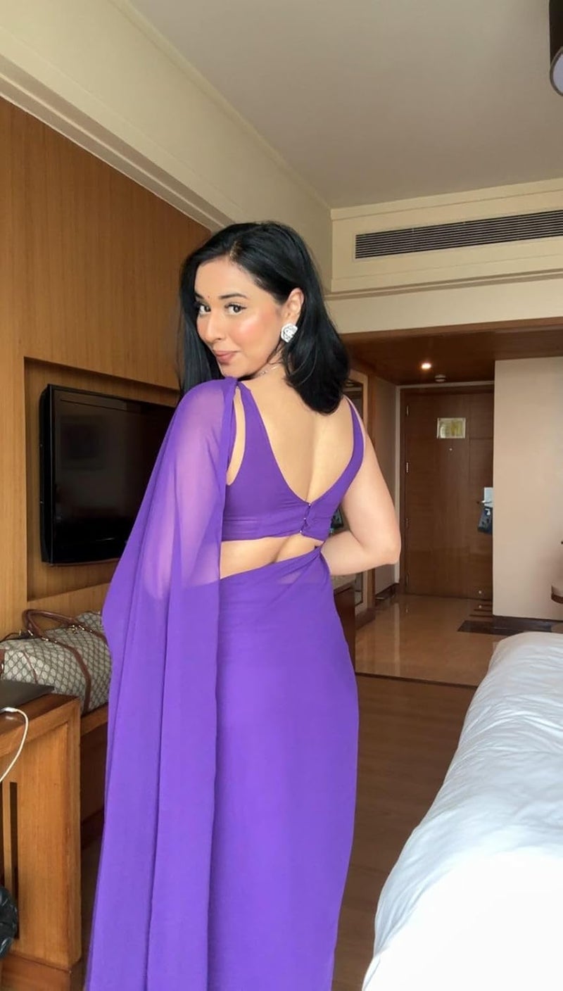 Sidhidata ساري جاهز للارتداء من جورجيت سيدي داتا للنساء بلون بنفسجي مع قطعة بلوزة غير مخيطة - Image 2