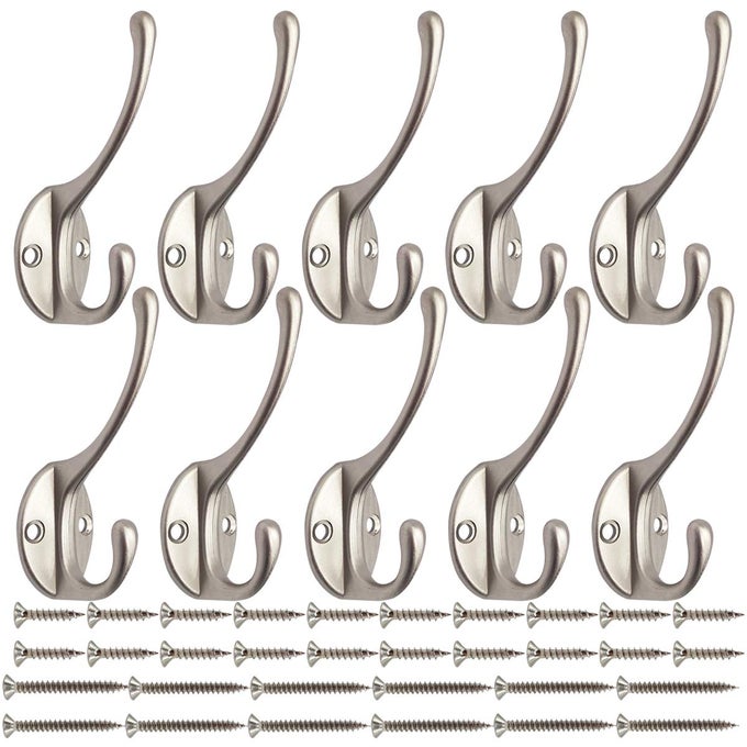 10 PACK DUAL COAT HOOKS WALL MOUNTED WITH 40 SCREWS RETRO DOUBLE HOOKS UTILITY SILVERY HOOKS FOR COAT SCARF BAG TOWEL KEY CAP CUP HAT SILVERY