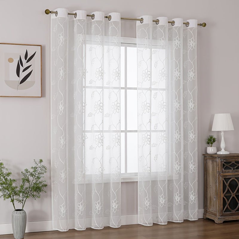 White Tulle Floral Curtains 60x150cm Privacy Easy Install for Living Room Bedroom - Image 2