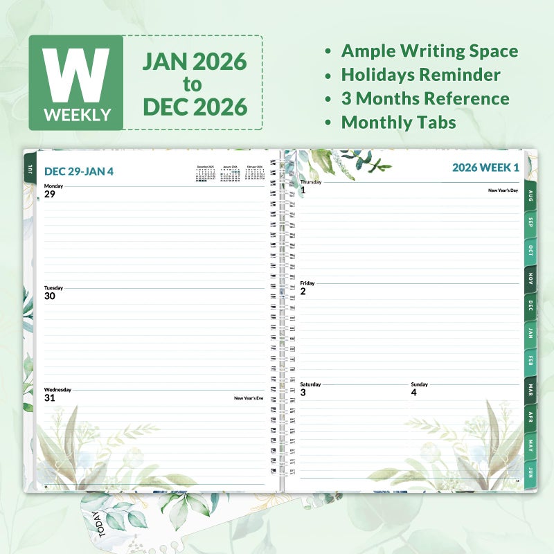 SUNEE 2026 Weekly and Monthly Planner - from January 2026 - December 2026, Daily Agenda Planner with Monthly Tab, Flexible Cover, Note Pages, Pockets, Bookmark, Spiral Binding, Eucalyptus, 8.5"x11" - Image 3