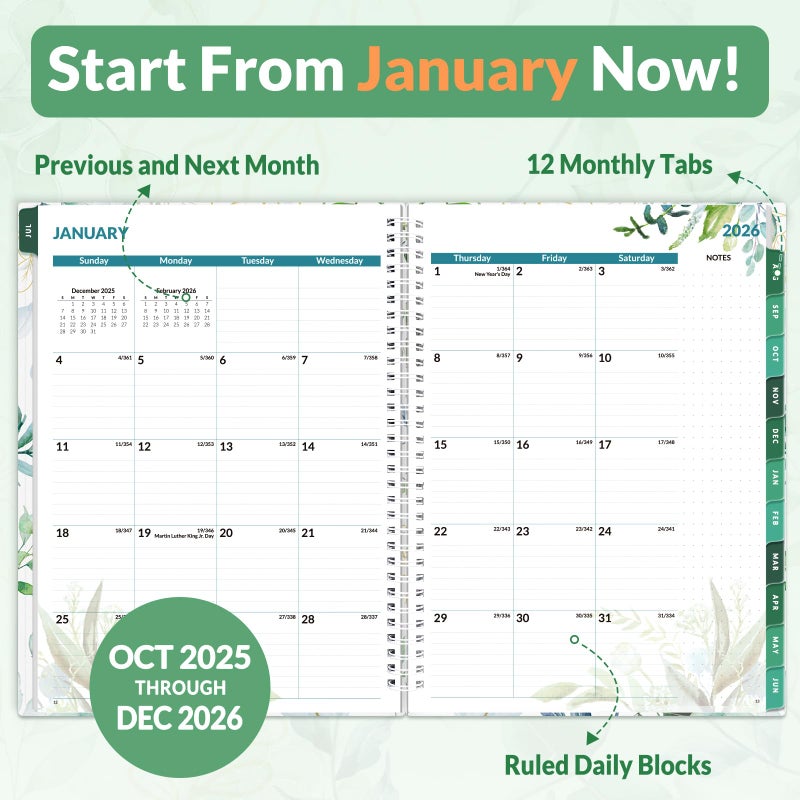 SUNEE 2026 Weekly and Monthly Planner - from January 2026 - December 2026, Daily Agenda Planner with Monthly Tab, Flexible Cover, Note Pages, Pockets, Bookmark, Spiral Binding, Eucalyptus, 8.5"x11" - Image 2