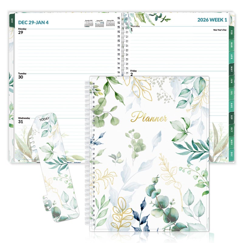 SUNEE 2026 Weekly and Monthly Planner - from January 2026 - December 2026, Daily Agenda Planner with Monthly Tab, Flexible Cover, Note Pages, Pockets, Bookmark, Spiral Binding, Eucalyptus, 8.5"x11" - Image 1