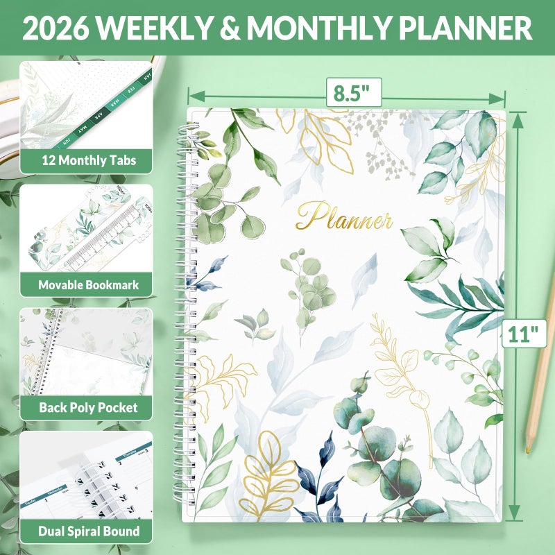 SUNEE 2026 Weekly and Monthly Planner - from January 2026 - December 2026, Daily Agenda Planner with Monthly Tab, Flexible Cover, Note Pages, Pockets, Bookmark, Spiral Binding, Eucalyptus, 8.5"x11" - Image 4
