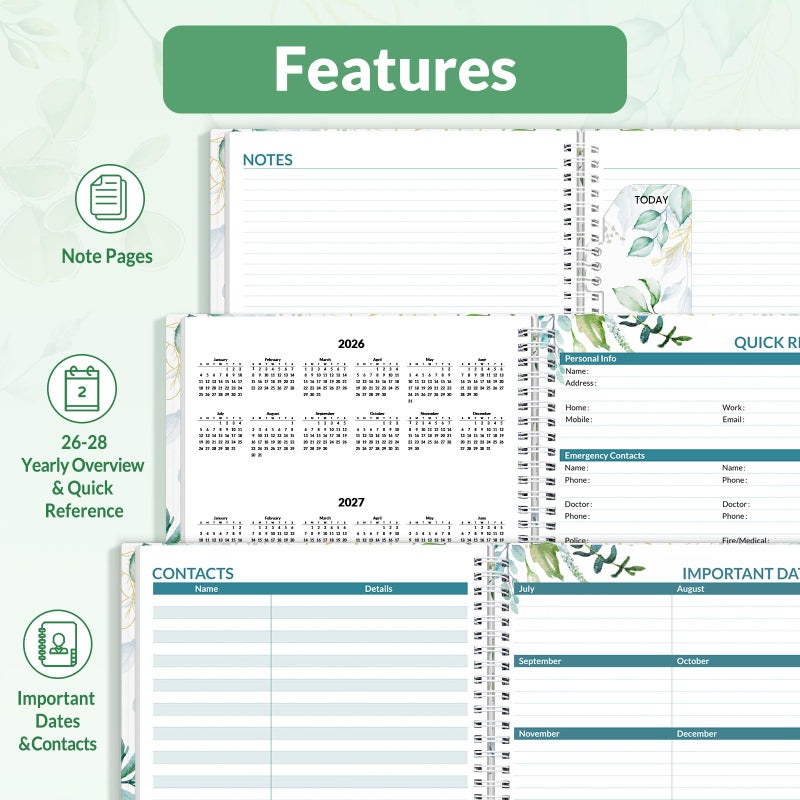 SUNEE 2026 Weekly and Monthly Planner - from January 2026 - December 2026, Daily Agenda Planner with Monthly Tab, Flexible Cover, Note Pages, Pockets, Bookmark, Spiral Binding, Eucalyptus, 8.5"x11" - Image 5