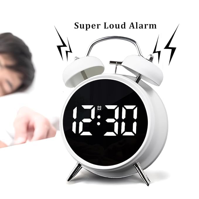 PROSFIA Small Children Kids Digital led Table Alarm Mirror Twin Bell Clock LED Display Digital Clock with Night Light USB RechargeableBattery Operated Loud Bell Metal Alarm Clock White - Image 4