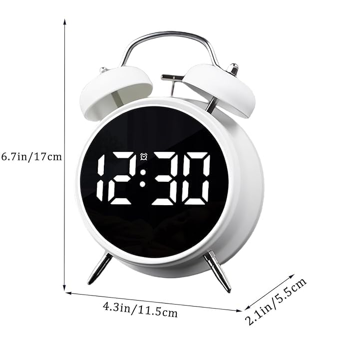 PROSFIA Small Children Kids Digital led Table Alarm Mirror Twin Bell Clock LED Display Digital Clock with Night Light USB RechargeableBattery Operated Loud Bell Metal Alarm Clock White - Image 2