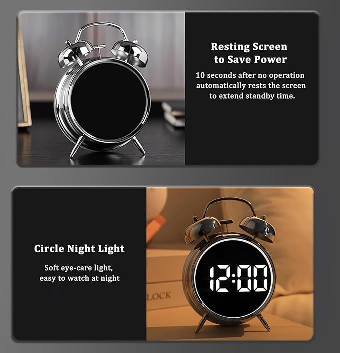 PROSFIA Small Children Kids Digital led Table Alarm Mirror Twin Bell Clock LED Display Digital Clock with Night Light USB RechargeableBattery Operated Loud Bell Metal Alarm Clock White - Image 5