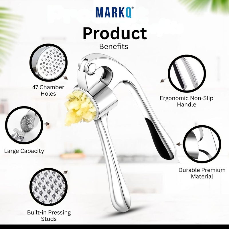 MARKQ Stainless Steel Garlic Press – Ergonomic Garlic Crusher & Mincer Tool | Easy-Squeeze Garlic Presser with Soft-Grip Handle, Rust-Resistant & Dishwasher Safe, Pack of 2 - Image 3