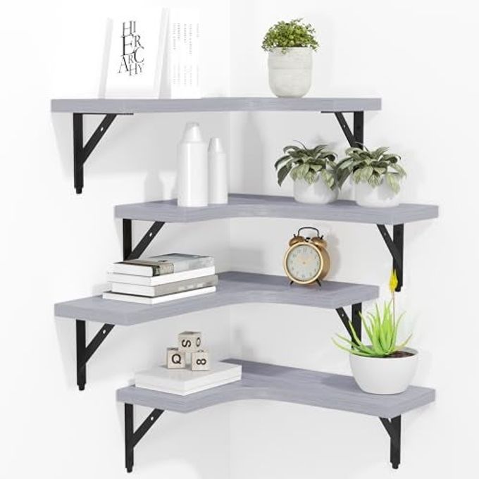 ROMGUAR CRAFT Corner Floating Shelves Wall Mounted Set of 4, Rustic Wood Storage Display Shelves for Home Decor, Bathroom, Kitchen, Bedroom, Living Room, Office (Light Grey) - Image 4