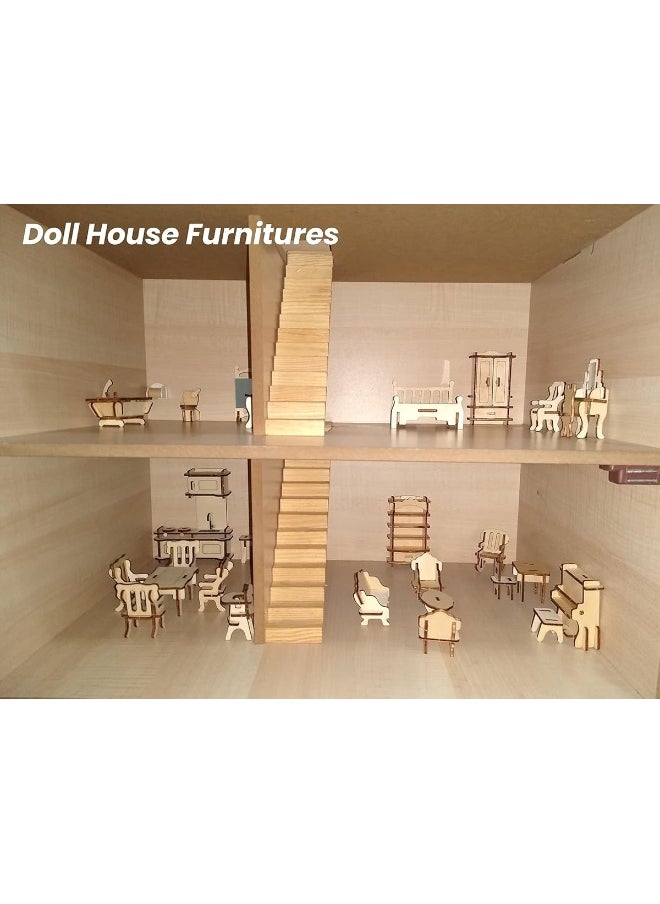 BOHS 34Piece Dollhouse Furniture Set  Laser Cut Wooden 3D Puzzles  Miniature Doll House DIY Models and Accessories