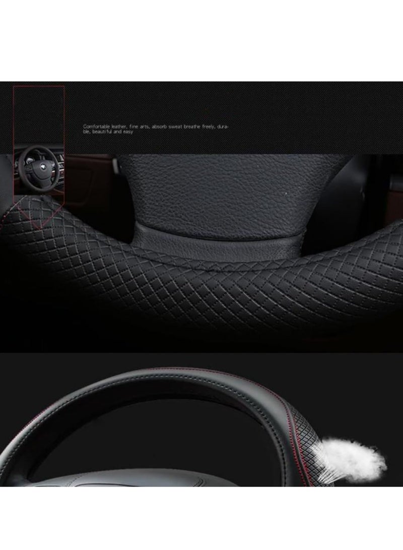 RATSAW Leather Car Steering Wheel Cover Waterfroof and Anti-Slip Car Steering Wheel Cover Universal Standard Size 15 Inch Fit Odor-Free Embossing Pattern Breathable Genuine Leather Black - Image 4