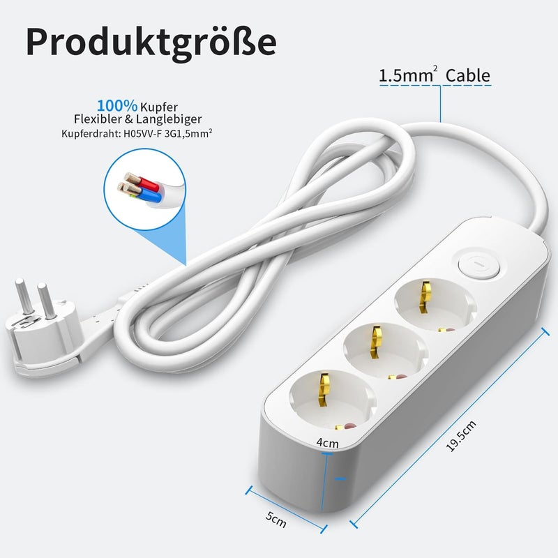 realmade Power Strip 3-Way Multiple Socket with Switch 5 m, Flat Plug Socket with Child Lock, 3-Way Power Strip for Household Appliances, Computer, Mobile Phone Charge, Office, Bedroom, Family - Image 5