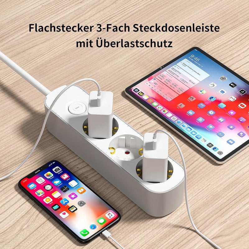 realmade Power Strip 3-Way Multiple Socket with Switch 5 m, Flat Plug Socket with Child Lock, 3-Way Power Strip for Household Appliances, Computer, Mobile Phone Charge, Office, Bedroom, Family - Image 2