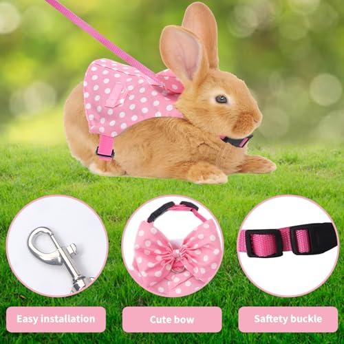 Habbiful Rabbit Harness and Leash Set for Outdoor Training Camping Walking Escape Proof Pink Wave Point Breathable Bunny Clothes Bunny Outfits for Rabbits Small Pet Supplies, M - Image 4