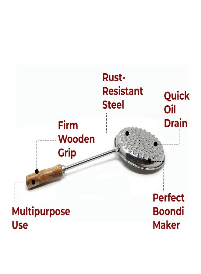 HAZEL Boondi Maker Stainless Steel | 43 x 17 x 6 Centimeters Multipurpose Jhara for Boondi Raita and Laddu Sweets with Wooden Handle for Firm Grip - Image 4