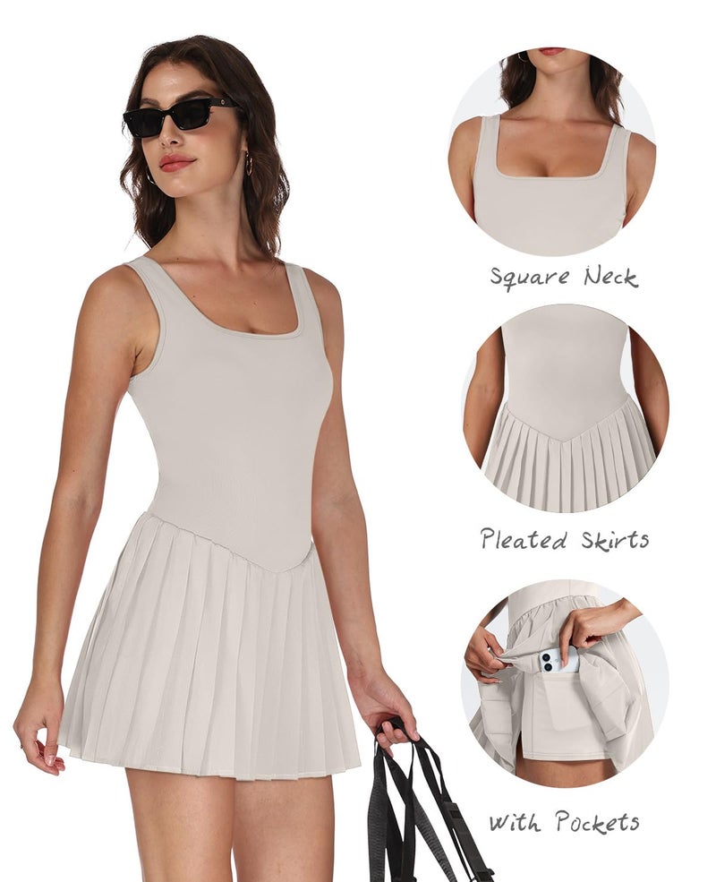 NIASHOT Tennis Dresses for Women with Shorts Active Dress Pleated Skirts Womens Summer Outfits 2026 Athletic Dress with Pockets Beige S - Image 3